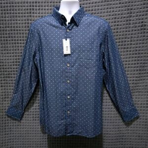 Button Long Sleeve Collared Shirt Mens Lg NWT Dress Lightweight Cotton Blue Spot